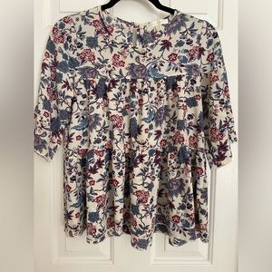 Mimi+Daphne Womens Blue Floral Short Sleeve Blouse | Size Small